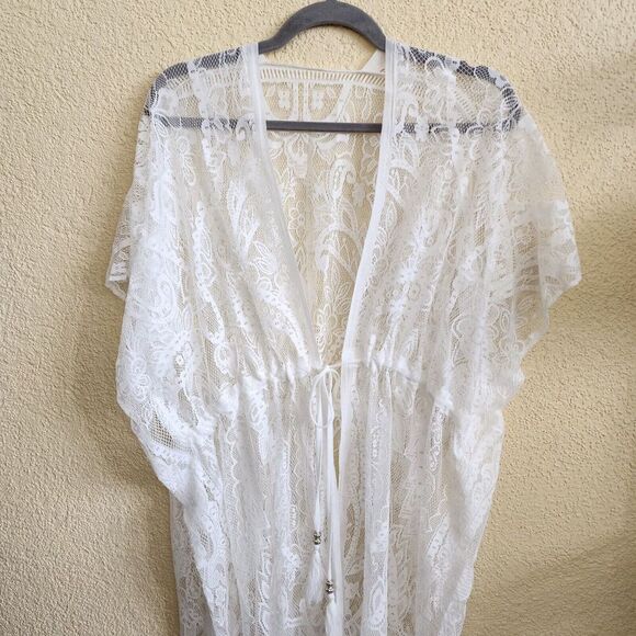 Women’s One Size Lace Swimsuit CoverUp Kimono White New Sheer Mesh Fringed Midi - Picture 5 of 11